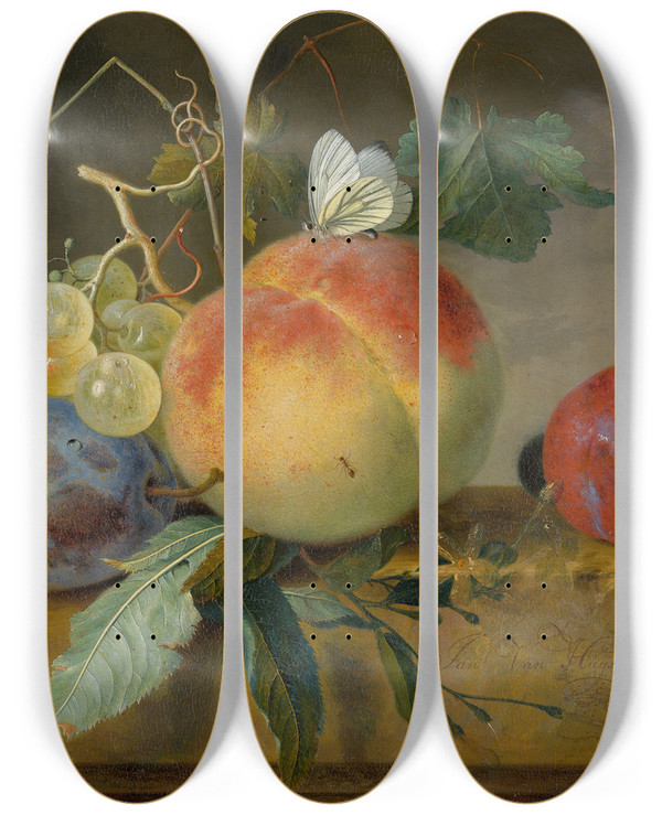 Triptych art skateboard deck of Jan Van Huysum Fruit Still Life by Jan Van Huysum (1682-1749)