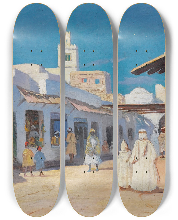 Triptych art skateboard deck of Charles Cottet A Street In Tunis by Charles Cottet (1863-1925)