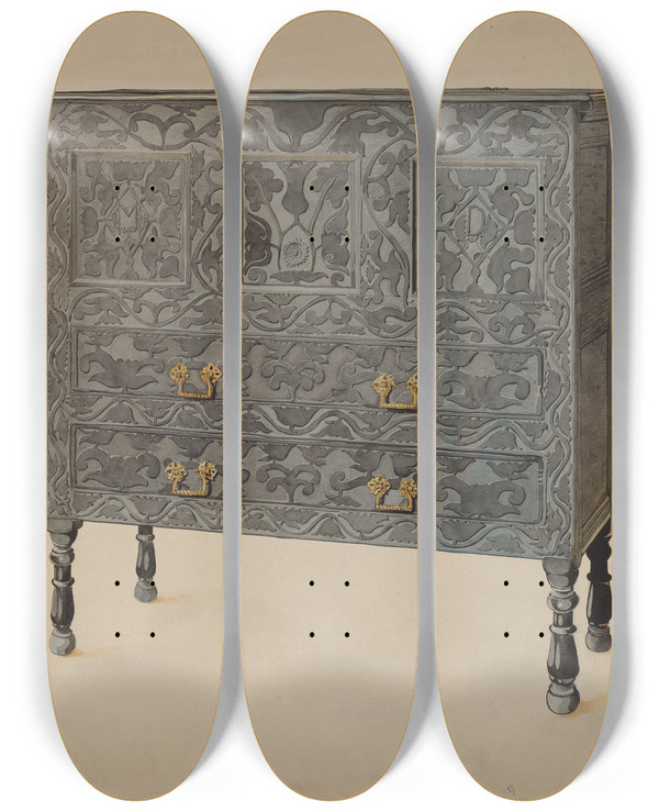 Triptych art skateboard deck of Harold Merriam Hadley Chest Hartford Type by Harold Merriam