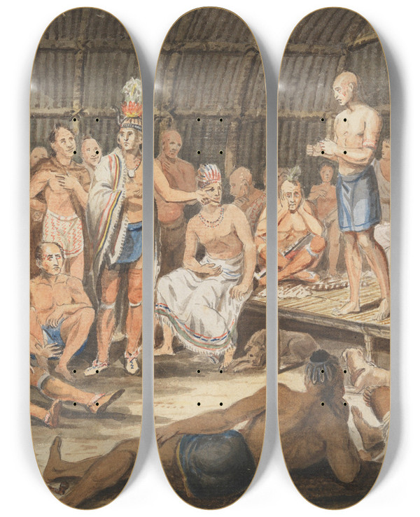 Triptych art skateboard deck of John Lewis Krimmel Exhibition Of Indian Tribal Ceremonies At The Olympic Theater Philadelphia by John Lewis Krimmel (1786-1821)