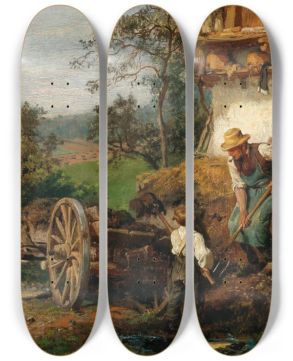 Triptych art skateboard deck of Felix Schlesinger The Little Helper by Felix Schlesinger (1833-1910)