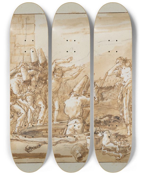 Triptych art skateboard deck of Giovanni Domenico Tiepolo Punchinello Retrieving Dead Fowls From A Well by Giovanni Domenico Tiepolo (1727-1804)