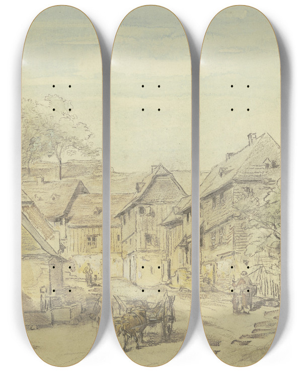 Triptych art skateboard deck of Anton Burger Oberreifenberg Mit Burg Reifenberg by Anton Burger (1824-1905)