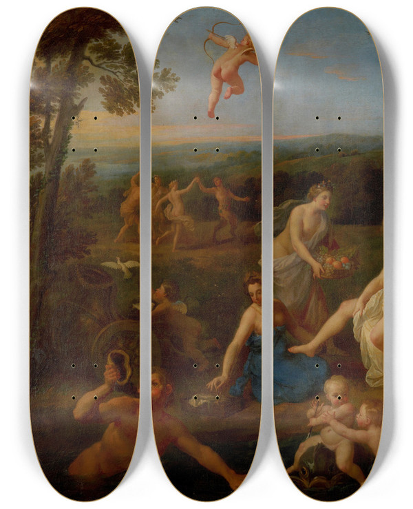 Triptych art skateboard deck of Bon Boullogne The Toilet Of Venus by Bon Boullogne (1649-1717)