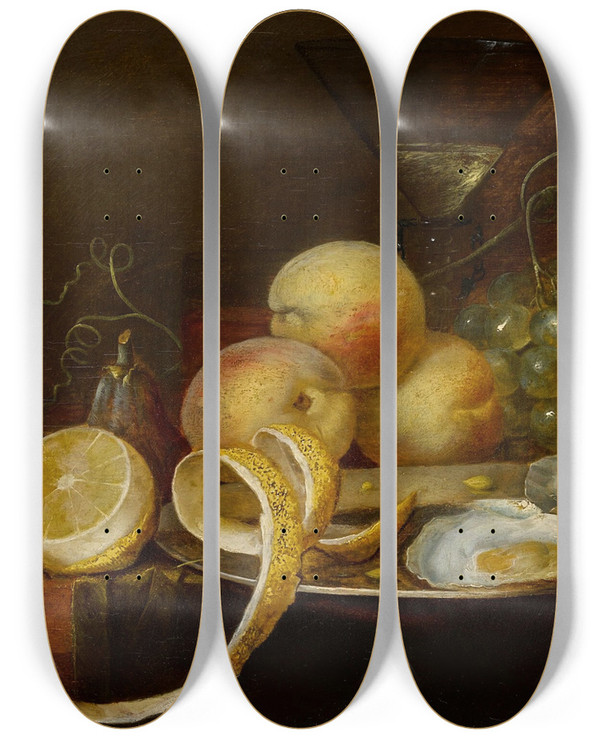 Triptych art skateboard deck of Joris Van Son Tabletop Still Life Including Two Oysters On A Pewter Dish A Wine Glass A Partiallypeeled Lemon And An Assortment Of Fruit by Joris Van Son (1623-1667)