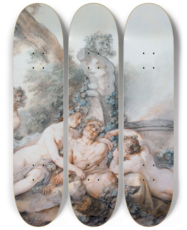Triptych art skateboard deck of Jacquesphilippe Caresme Nymphes Et Satyres Auprs Dun Terme De Bacchus by Jacques Philippe Caresme (1734-1796)