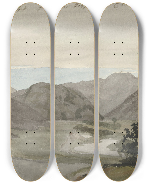 Triptych art skateboard deck of Cornelius Varley View Of Moel Siabod From Beddgelert North Wales by Cornelius Varley (1781-1873)