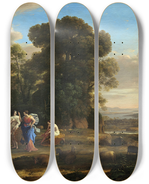 Triptych art skateboard deck of Claude Lorrain The Judgment Of Paris by Claude Lorrain (1604-1682)