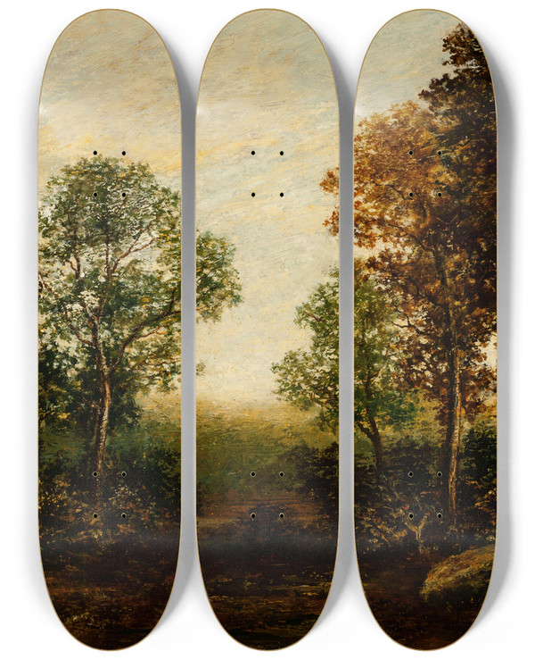 Triptych art skateboard deck of Ralph Albert Blakelock Landscape With Trees by Ralph Albert Blakelock (1847-1919)