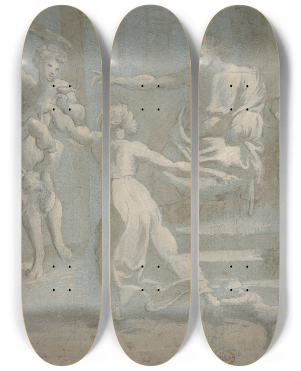 Triptych art skateboard deck of Biagio Pupini The Judgment Of Solomon After Raphael by Biagio Pupini (1511-1551)
