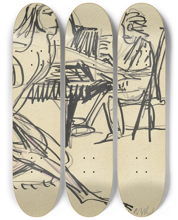 Triptych art skateboard deck of Ernst Ludwig Kirchner Tnzerin Vor Einem Flgel by Ernst Ludwig Kirchner (1880-1938)