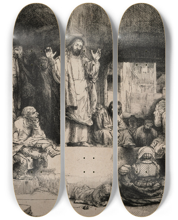 Triptych art skateboard deck of Rembrandt Van Rijn Christ Preaching La Petite Tombe_1 by Rembrandt Van Rijn (1606-1669)
