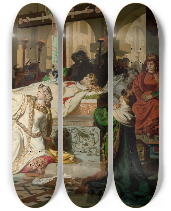 Triptych art skateboard deck of Emil Lauffer Kriemhilds Accusation by Emil Lauffer (1837-1909)