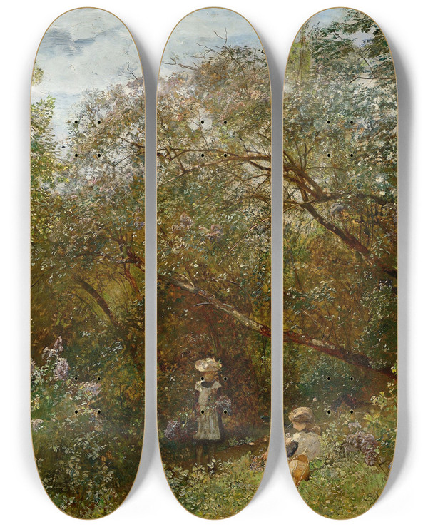 Triptych art skateboard deck of Emil Jakob Schindler Parklandschaft In Plankenberg by Emil Jakob Schindler (1842-1892)