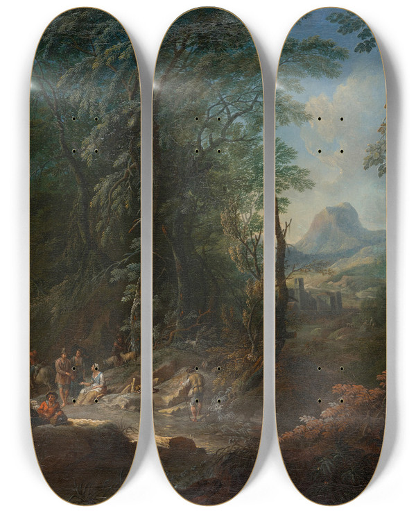 Triptych art skateboard deck of Maximilian Joseph Schinnagl Waldlandschaft Morgen by Maximilian Joseph Schinnagl (1697-1762)