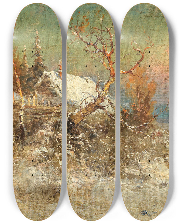 Triptych art skateboard deck of Julius Sergius Klever Winter On The Baltic Coast by Julius Sergius Klever (1850-1924)