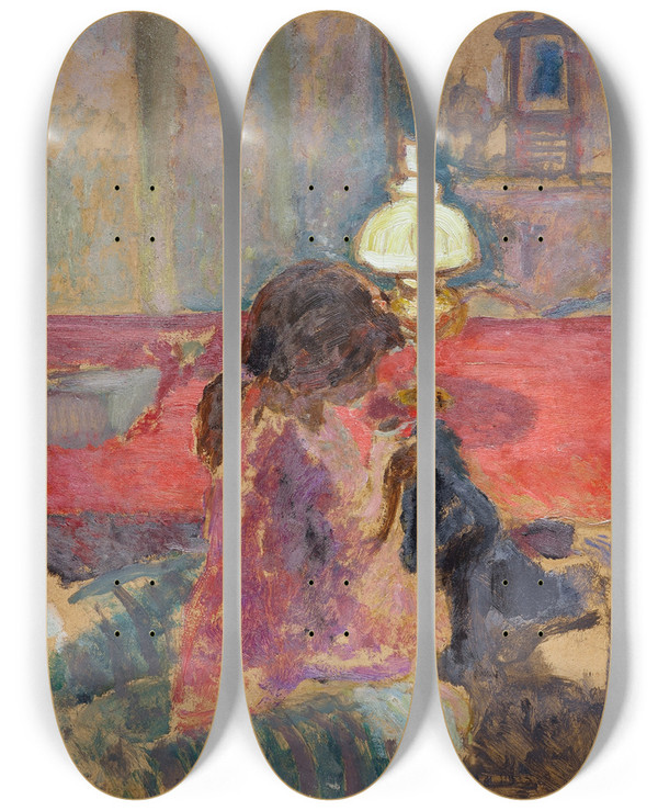 Triptych art skateboard deck of Pierre Bonnard Woman With A Lamp by Pierre Bonnard (1867-1947)