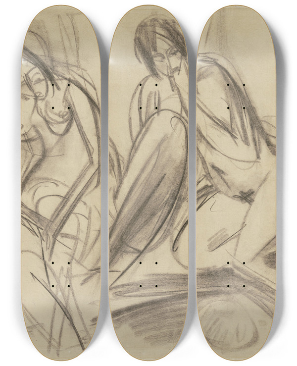 Triptych art skateboard deck of Ernst Ludwig Kirchner Zwei Sitzende Weibliche Akte by Ernst Ludwig Kirchner (1880-1938)