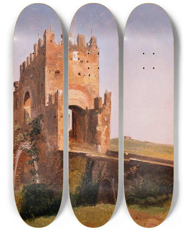 Triptych art skateboard deck of Pierrenicolas Brisset View Of The Ponte Nomentano Roman Campagna by Pierre-Nicolas Brisset (1810-1890)