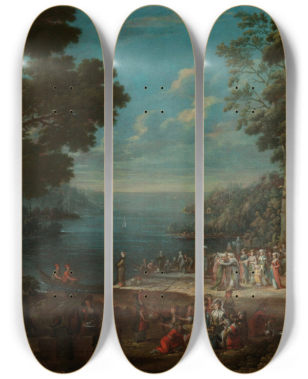 Triptych art skateboard deck of Jean Baptiste Vanmour Ladies Outing At Hnkr Skelesi Along The Bosporus by Jean Baptiste Vanmour (1671-1737)