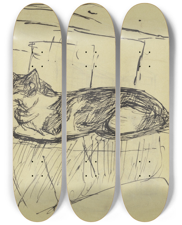 Triptych art skateboard deck of Max Beckmann Auf Einem Mbelstck Liegende Katze by Max Beckmann (1884-1950)