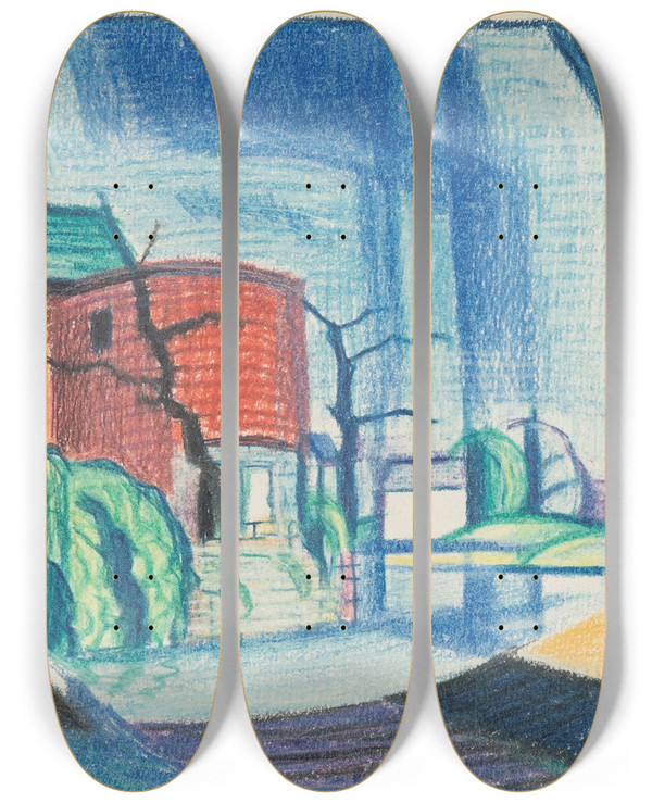 Triptych art skateboard deck of Oscar Bluemner Study For Canal Port Rockaway by Oscar Bluemner (1867-1938)