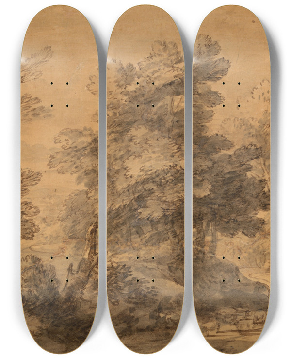 Triptych art skateboard deck of Thomas Gainsborough Wooded Landscape With Shepherd And Sheep by Thomas Gainsborough (1727-1788)