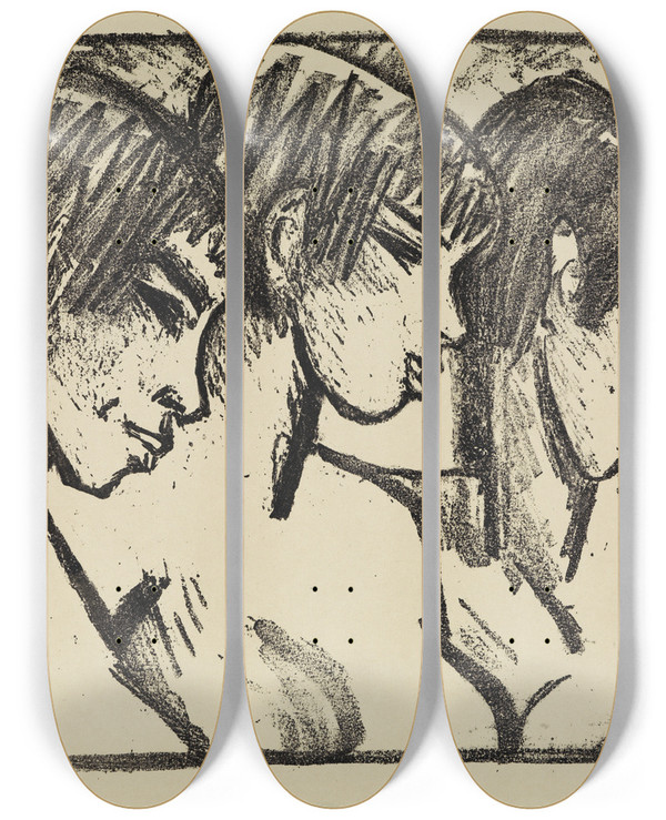 Triptych art skateboard deck of Otto Mueller Drei Mdchen Im Profil_2 by Otto Mueller (1874-1930)