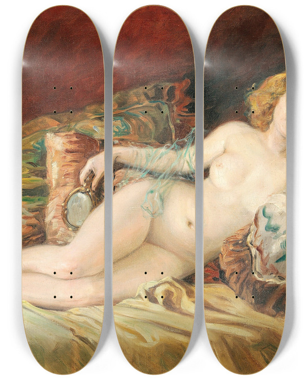 Triptych art skateboard deck of Richard Geiger Liegender Frauenakt by Richard Geiger (1870-1945)