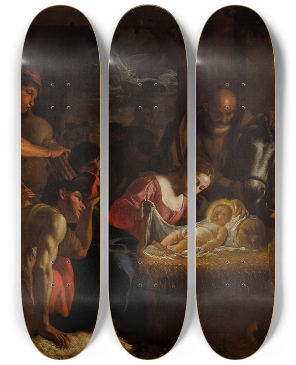 Triptych art skateboard deck of Mattia Preti The Adoration Of The Shepherds by Mattia Preti (1613-1699)