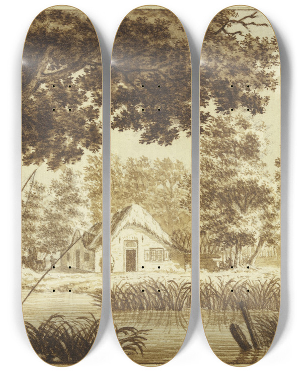 Triptych art skateboard deck of Theodor De Bruyn Landschaft Vorn Ein Wasser Links Zwei Angler by Theodor de Bruyn