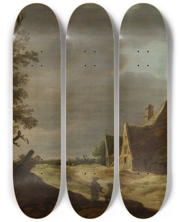 Triptych art skateboard deck of Jan Van Goyen Sandy Road With A Farmhouse by Jan Van Goyen (1596-1656)
