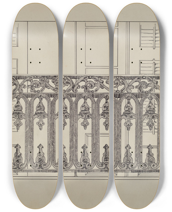 Triptych art skateboard deck of Arelia Arbo Cast Iron Balcony Rail_1 by Arelia Arbo