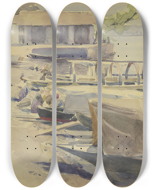 Triptych art skateboard deck of Jacob Happ Port At Lake Garda by Jacob Happ (1861-1936)