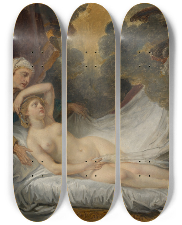 Triptych art skateboard deck of Jeanbaptiste Greuze Aegina Visited By Jupiter by Jean-Baptiste Greuze (1725-1805)
