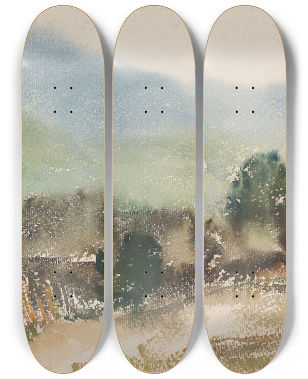 Triptych art skateboard deck of Zolo Palugyay Motif With Village Cottages by Zolo Palugyay (1898-1935)
