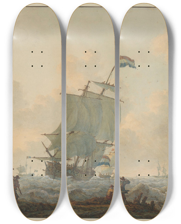 Triptych art skateboard deck of Johannes Christiaan Schotel Zeilschepen Op Woelig Water by Johannes Christiaan Schotel (1787-1838)