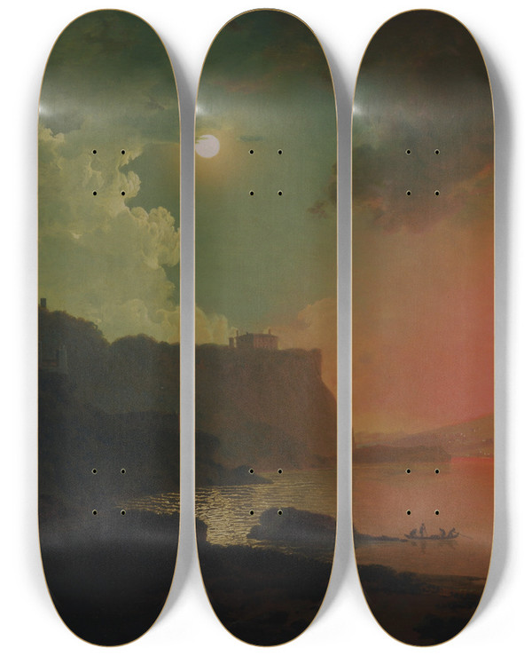 Triptych art skateboard deck of Joseph Wright Of Derby Vesuvius From Posillipo by Joseph Wright Of Derby (1734-1797)
