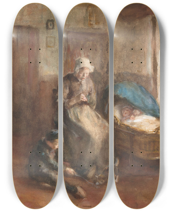 Triptych art skateboard deck of Albert Neuhuys Interieur Met Een Vrouw Bij Een Wieg En Een Jongetje Op De Grond by Albert Neuhuys (1844-1914)