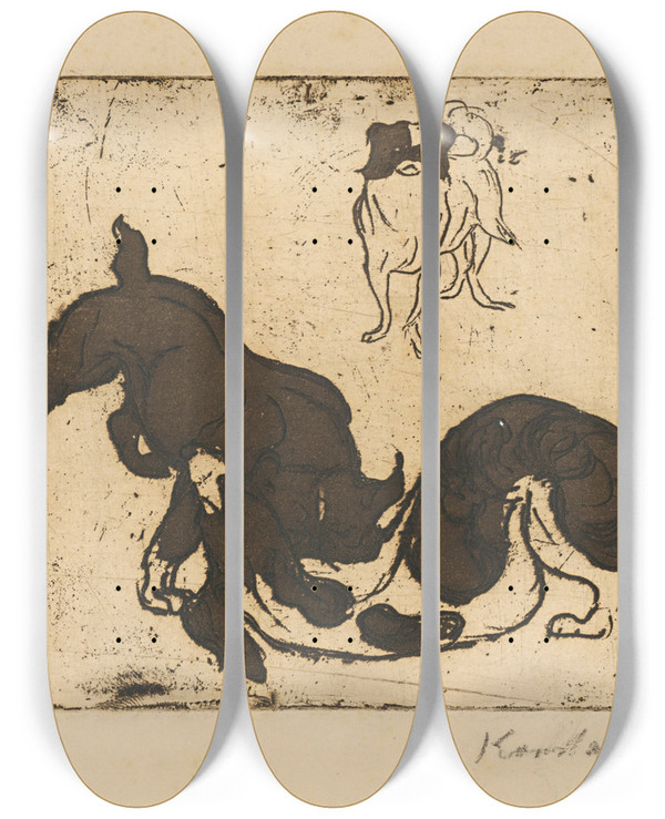 Triptych art skateboard deck of Frida Konstantin Hrajci Sa Psi by Frida Konstantin