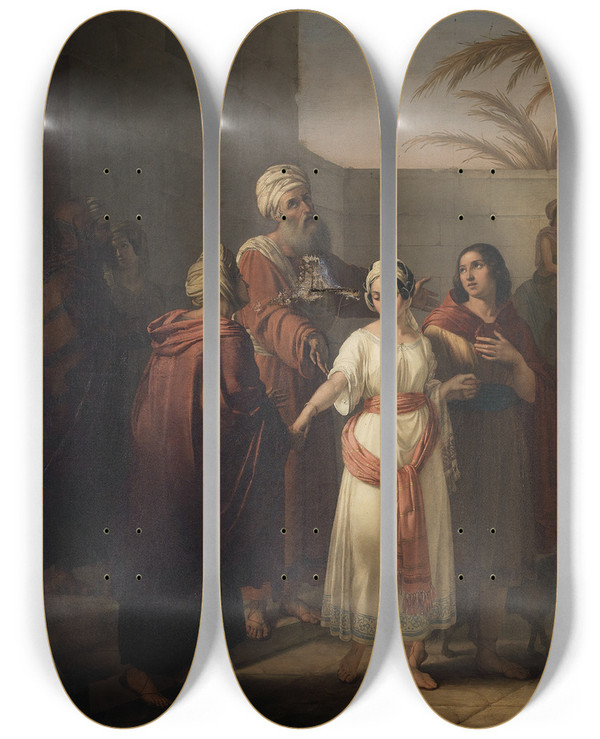 Triptych art skateboard deck of Francesco Antonibon Di Venezia Tobias Nimmt Mit Seiner Frau Abschied Von Seinen Schwiegereltern Um Zu Seinem Vater Zurckzukehren by Francesco Antonibon Di Venezia (1809-1883)