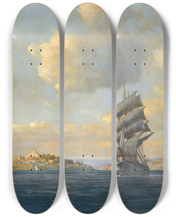 Triptych art skateboard deck of Michael Zeno Diemer Sailing On The Bosphorus by Michael Zeno Diemer (1867-1939)