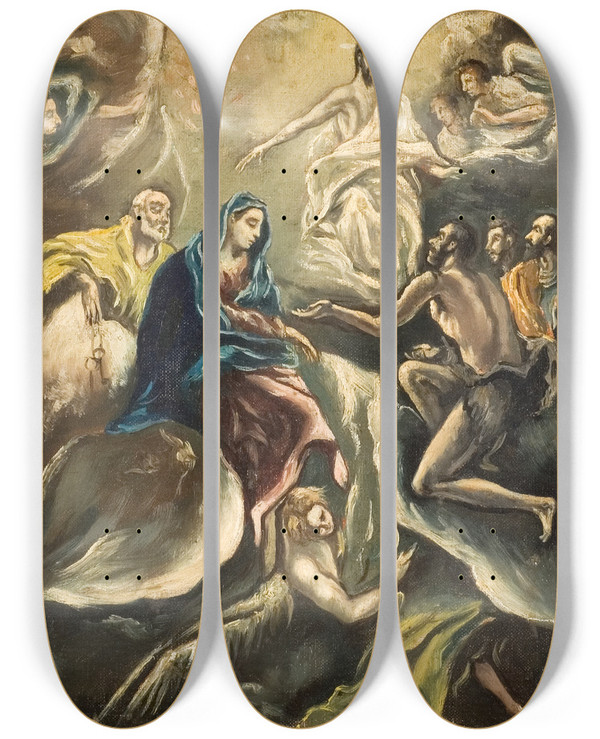 Triptych art skateboard deck of El Greco Domenikos Theotokopoulos Count Orgaz Funeral by El Greco Domenikos Theotokopoulos (1540-1614)