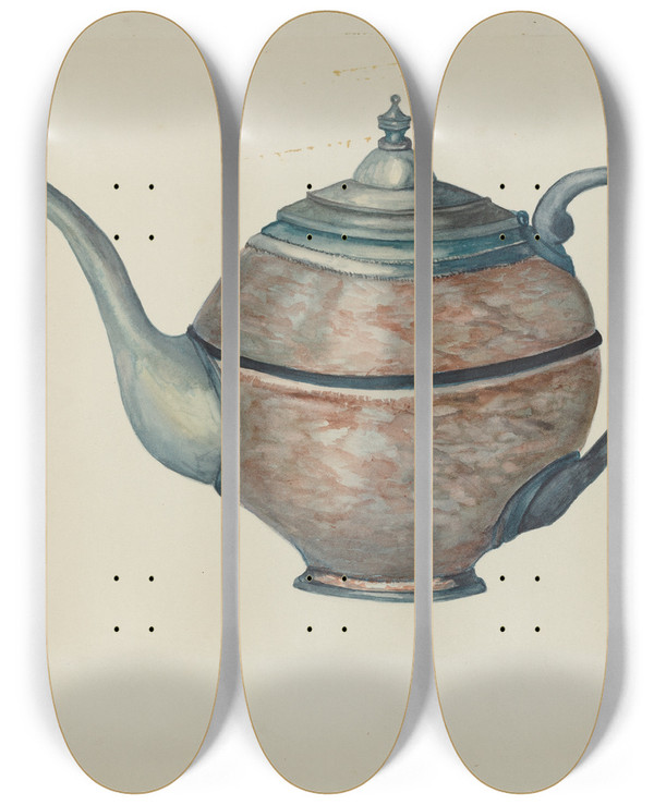 Triptych art skateboard deck of Beulah Bradleigh Pewter Teapot_1 by Beulah Bradleigh