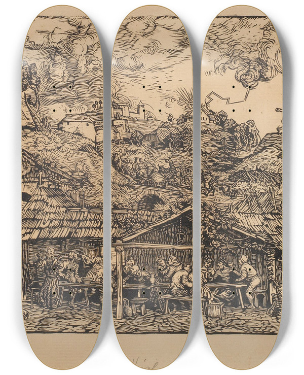Triptych art skateboard deck of Switbert Lobisser Hiobspost by Switbert Lobisser (1878-1943)