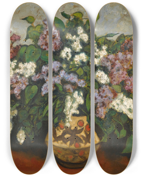 Triptych art skateboard deck of Nikolai Vladimirovich Sinezoubov Bouquet Of Lilacs by Nikolai Vladimirovich Sinezoubov (1891-1956)