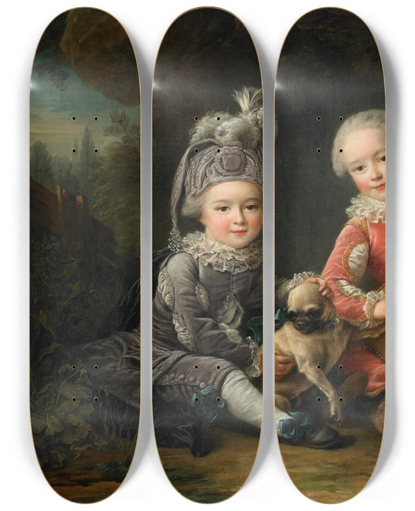 Triptych art skateboard deck of Franoishubert Drouais Les Portraits De Mm De Bthune Jouant Avec Un Chien Portraits Of Marquis Bthunes Children Playing With A Dog by Francois Hubert Drouais (1727-1775)