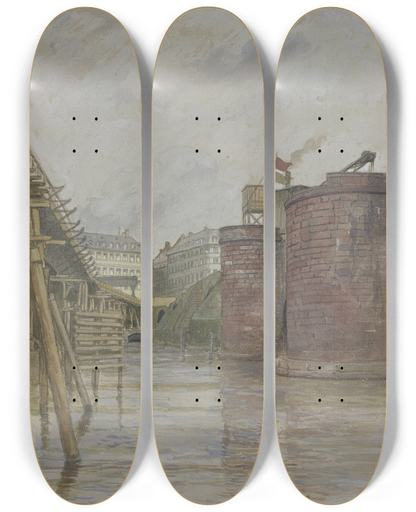 Triptych art skateboard deck of Andreas Bernhard Shngen Alte Mainbrcke Und Notbrcke July 26 1914 by Andreas Bernhard Sohngen (1846-1920)