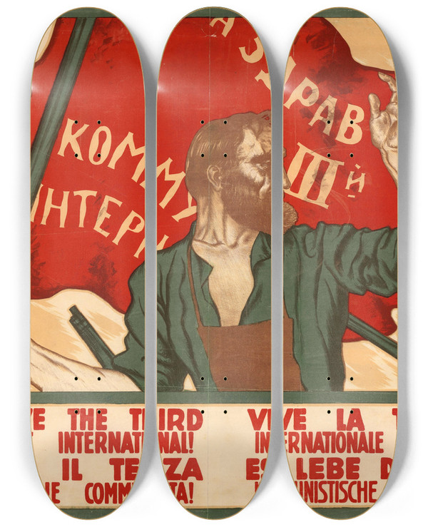Triptych art skateboard deck of Sergei Ivanovich Ivanov Long Live The Third Communist International by Sergei Ivanovich Ivanov (1885-1942)