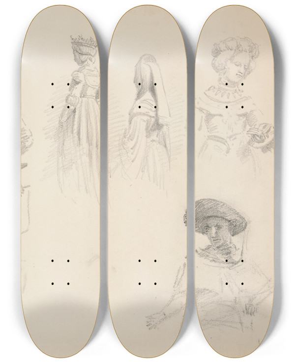 Triptych art skateboard deck of John Singer Sargent Study Of Sixfigures by John Singer Sargent (1856-1925)